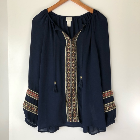 Chico's Tops - Chico’s Navy Gold Metallic Embroidered Blouse